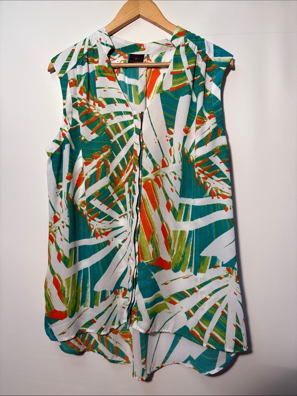 Worthington Teal, White & Orange Tropical Print Sleeveless Blouse
